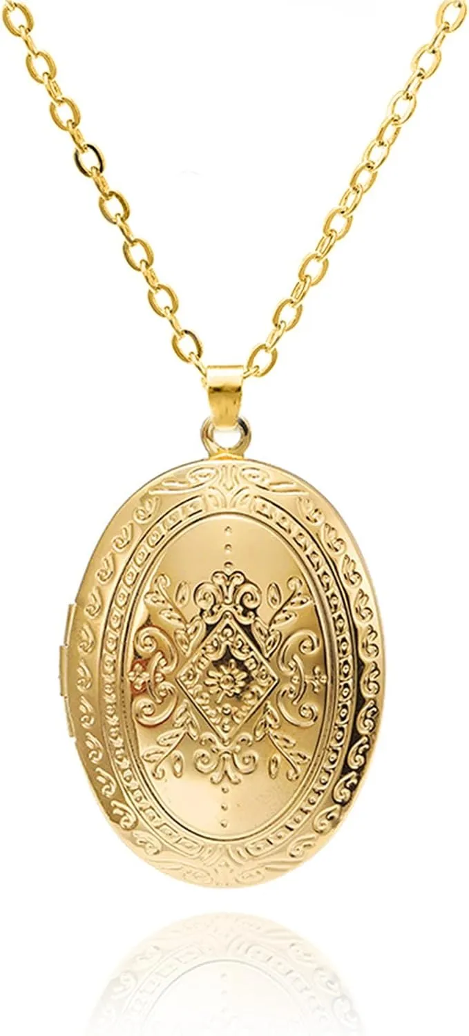 POYAMUSE Vintage Locket Necklace for Women, Gold Silver Locket Pendant Necklace for Women, Classic Keepsake Necklace Jewelry