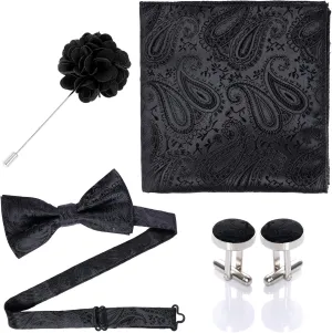 Pre-Tied Bow Ties for Men Set Paisley Pocket Square Cufflinks Flower Pin Suit Tuxedo Accessory for Men Black