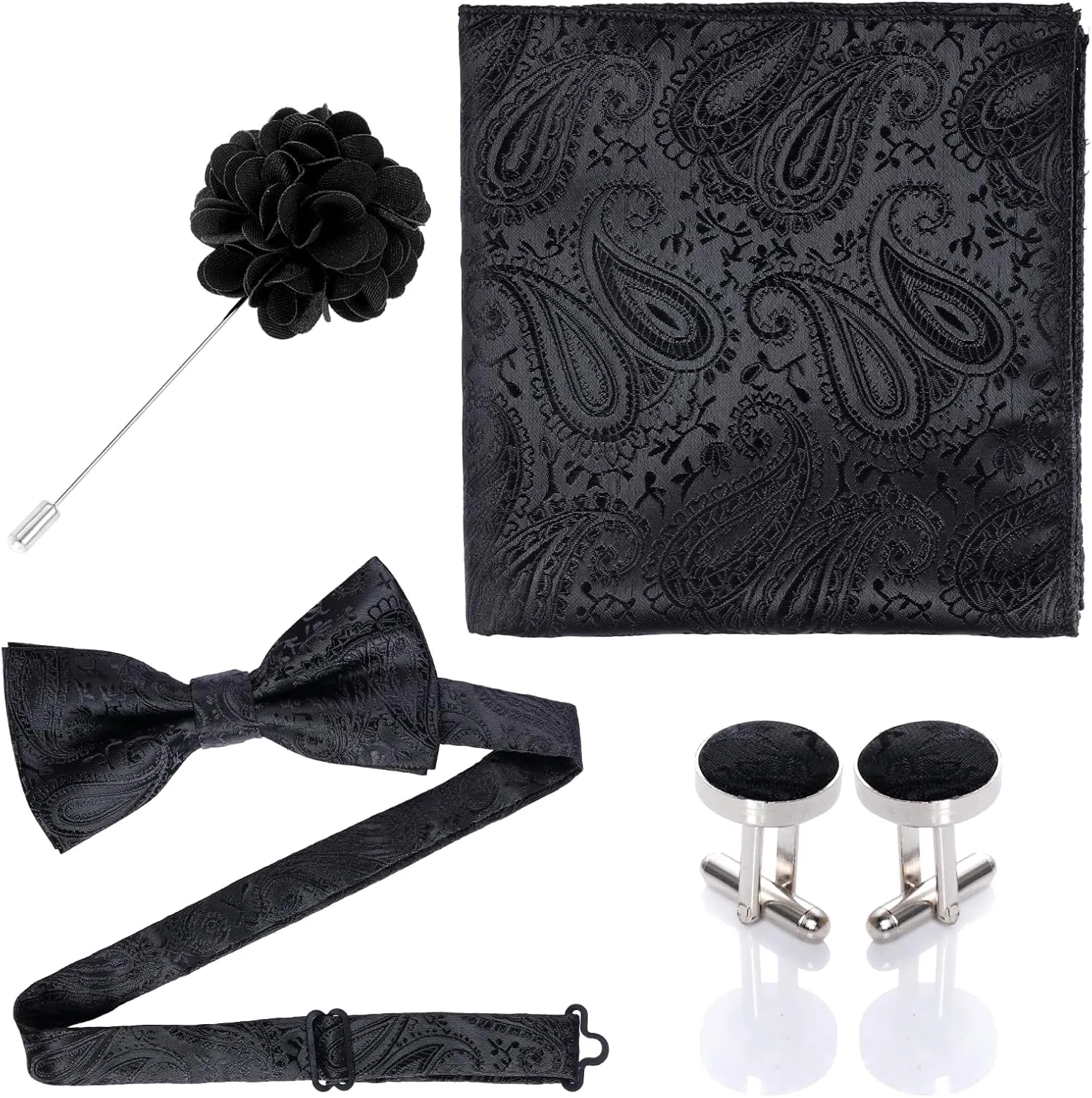 Pre-Tied Bow Ties for Men Set Paisley Pocket Square Cufflinks Flower Pin Suit Tuxedo Accessory for Men Black