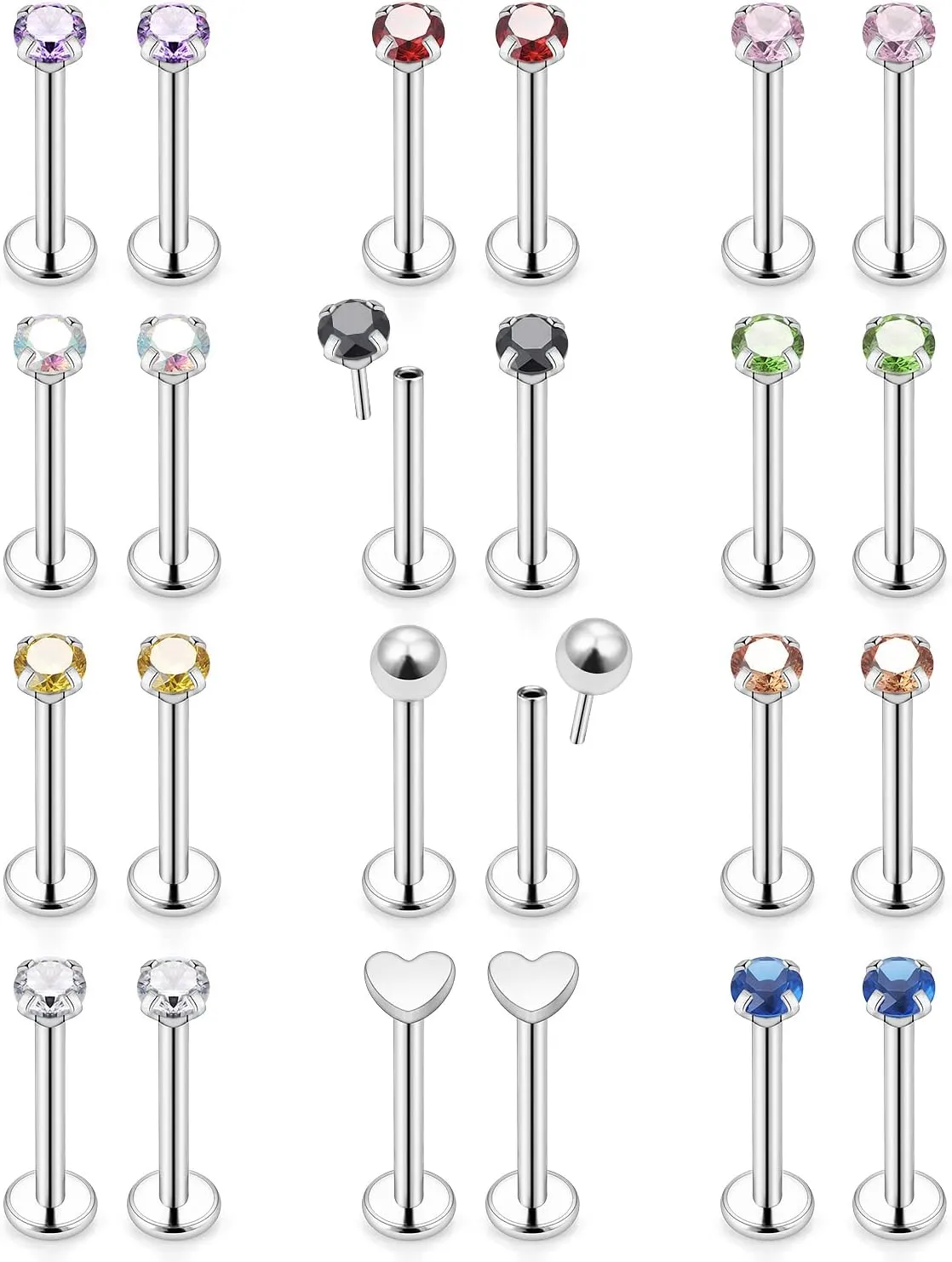 Prjndjw 16G 18G 20G Flat Back Nose Rings Studs Earrings Surgical Steel Threadless Nose Studs Straight Cartilage Earrings for Women Men Diamond CZ 1.5mm 2mm 2.5mm 3mm Silver Labret Jewelry lip Rings