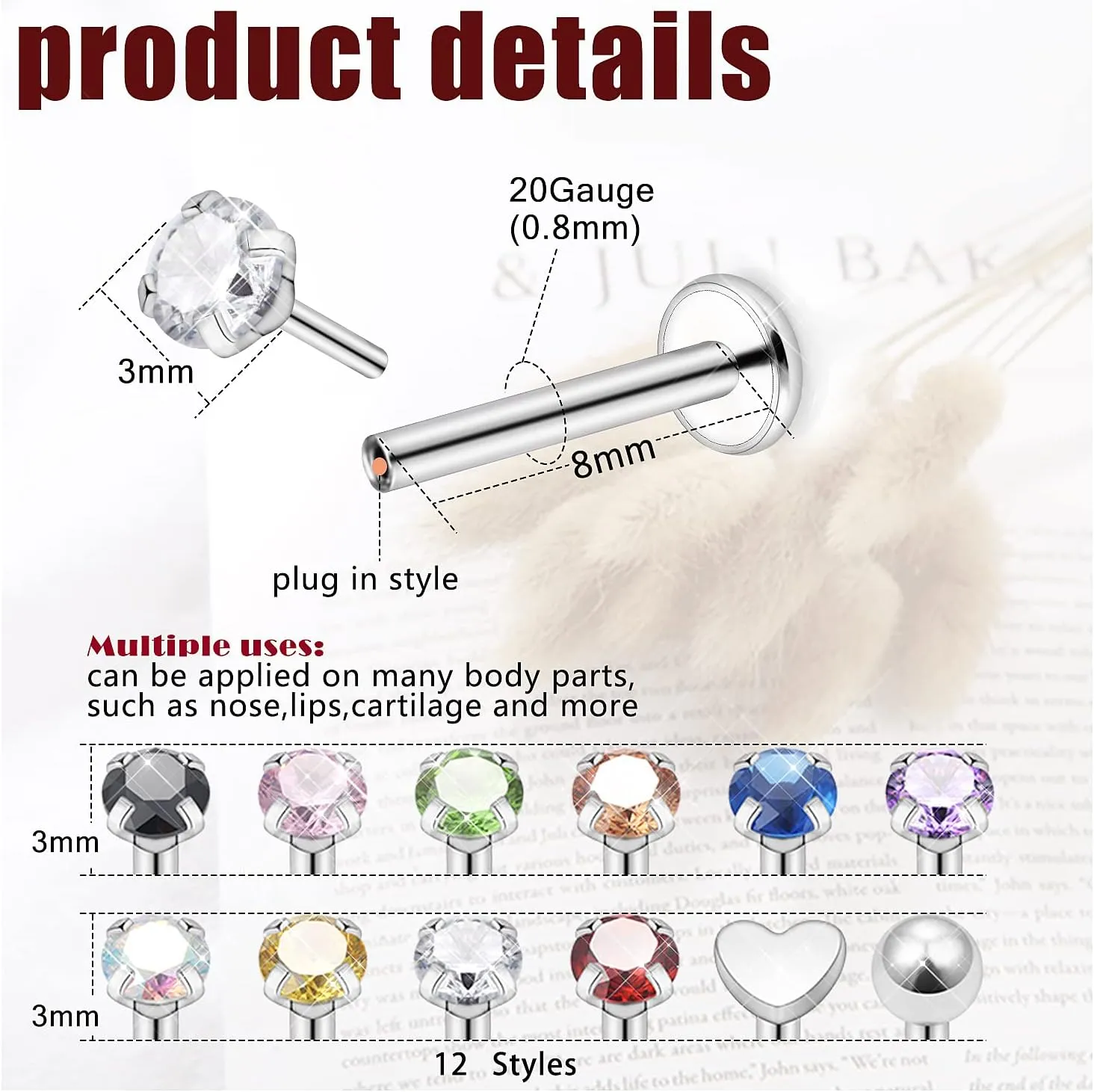 Prjndjw 16G 18G 20G Flat Back Nose Rings Studs Earrings Surgical Steel Threadless Nose Studs Straight Cartilage Earrings for Women Men Diamond CZ 1.5mm 2mm 2.5mm 3mm Silver Labret Jewelry lip Rings