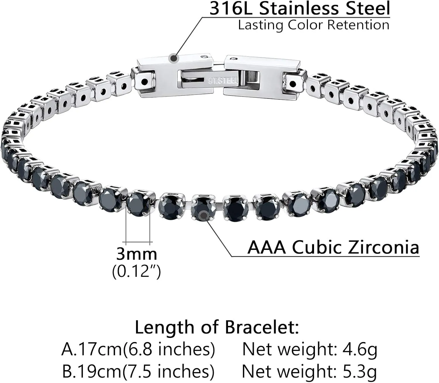 PROSTEEL Cubic Zirconiaic Tennis Bracelet for Women, 18K Gold Plated Stainless Steel Clear/Black Tennis Bracelets, Size 6.5/7.5 Inch, Come Box