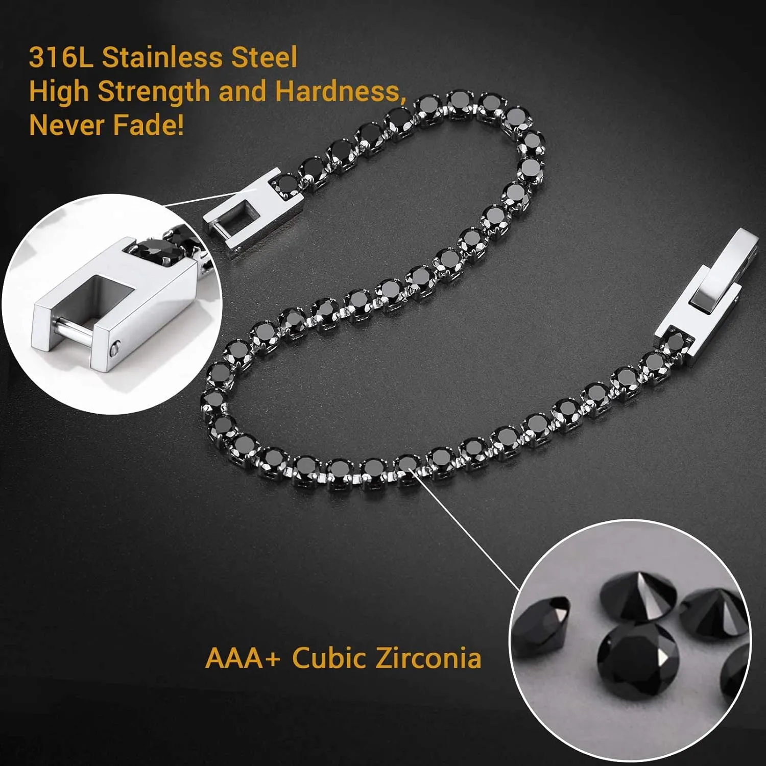 PROSTEEL Cubic Zirconiaic Tennis Bracelet for Women, 18K Gold Plated Stainless Steel Clear/Black Tennis Bracelets, Size 6.5/7.5 Inch, Come Box
