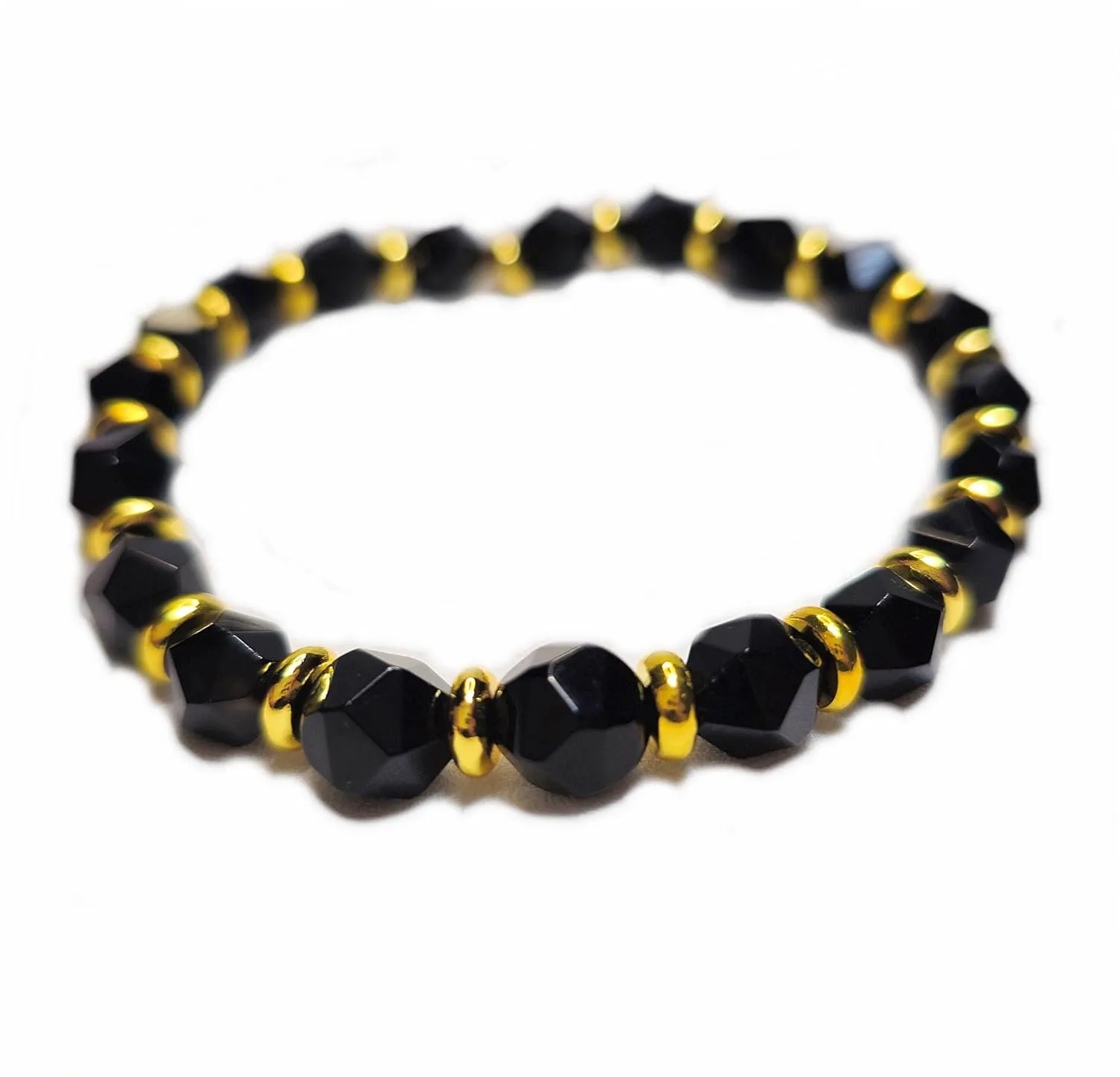 Protective Bracelet Faceted Black Onyx Bracelet Real Semi Precious Gemstones 8mm Faceted Beads 18K Gold Plated Accents Root Chakra Bracelet EXCLUSIVE YOGA GIRL USA HANDMADE (onyx)