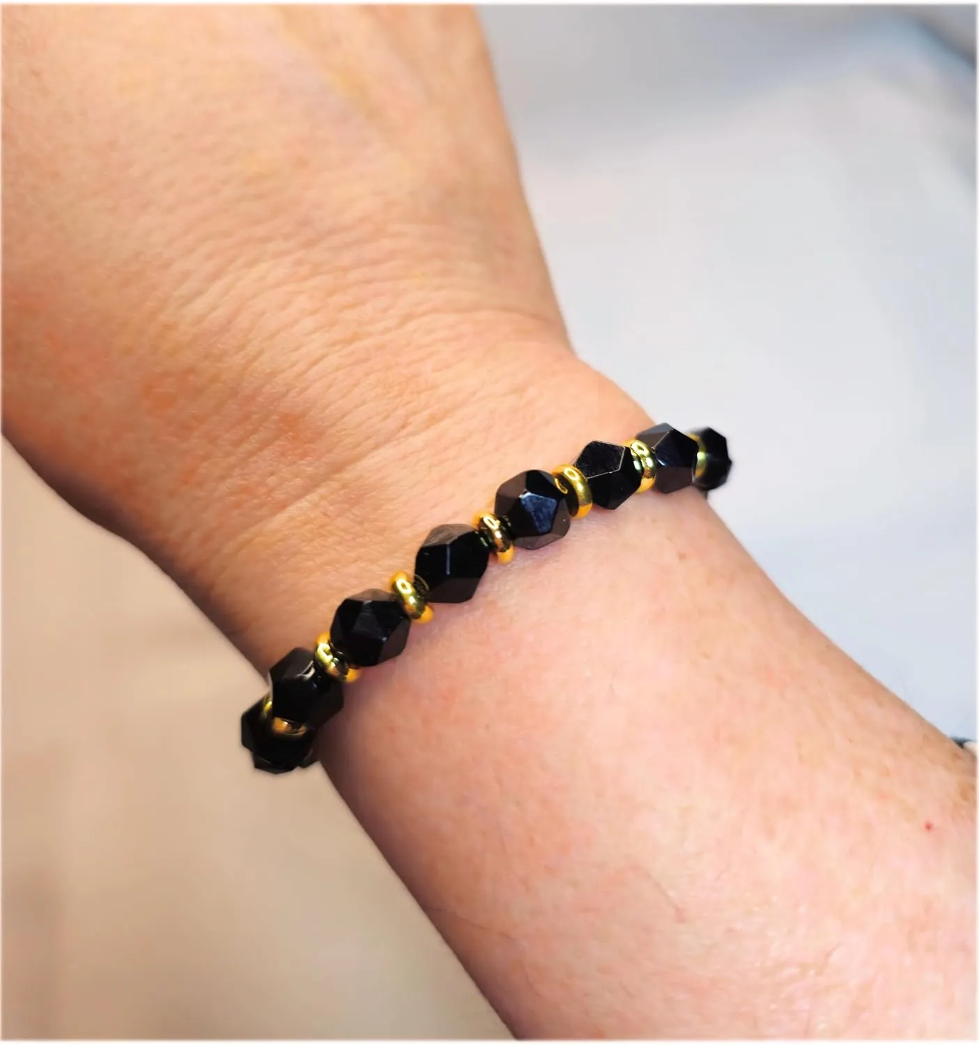 Protective Bracelet Faceted Black Onyx Bracelet Real Semi Precious Gemstones 8mm Faceted Beads 18K Gold Plated Accents Root Chakra Bracelet EXCLUSIVE YOGA GIRL USA HANDMADE (onyx)