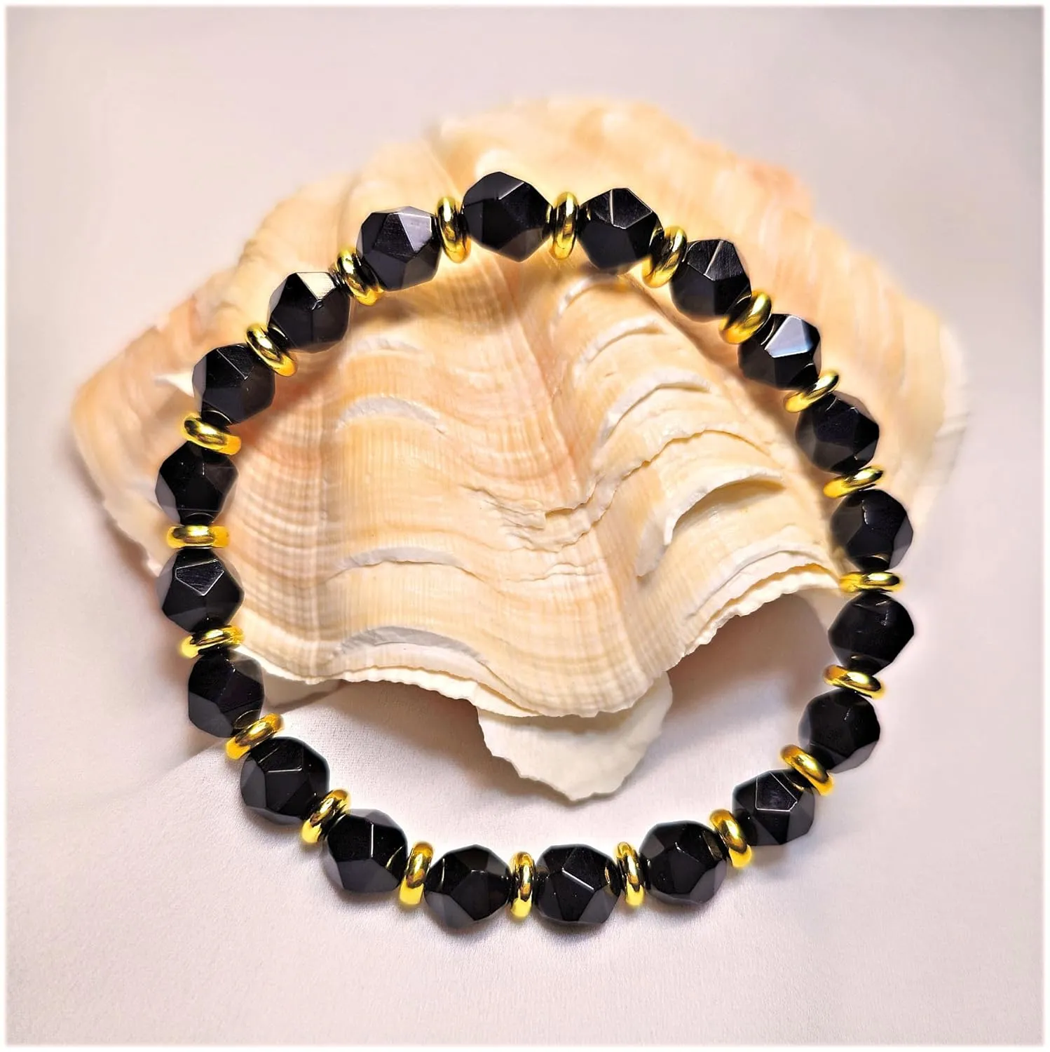 Protective Bracelet Faceted Black Onyx Bracelet Real Semi Precious Gemstones 8mm Faceted Beads 18K Gold Plated Accents Root Chakra Bracelet EXCLUSIVE YOGA GIRL USA HANDMADE (onyx)