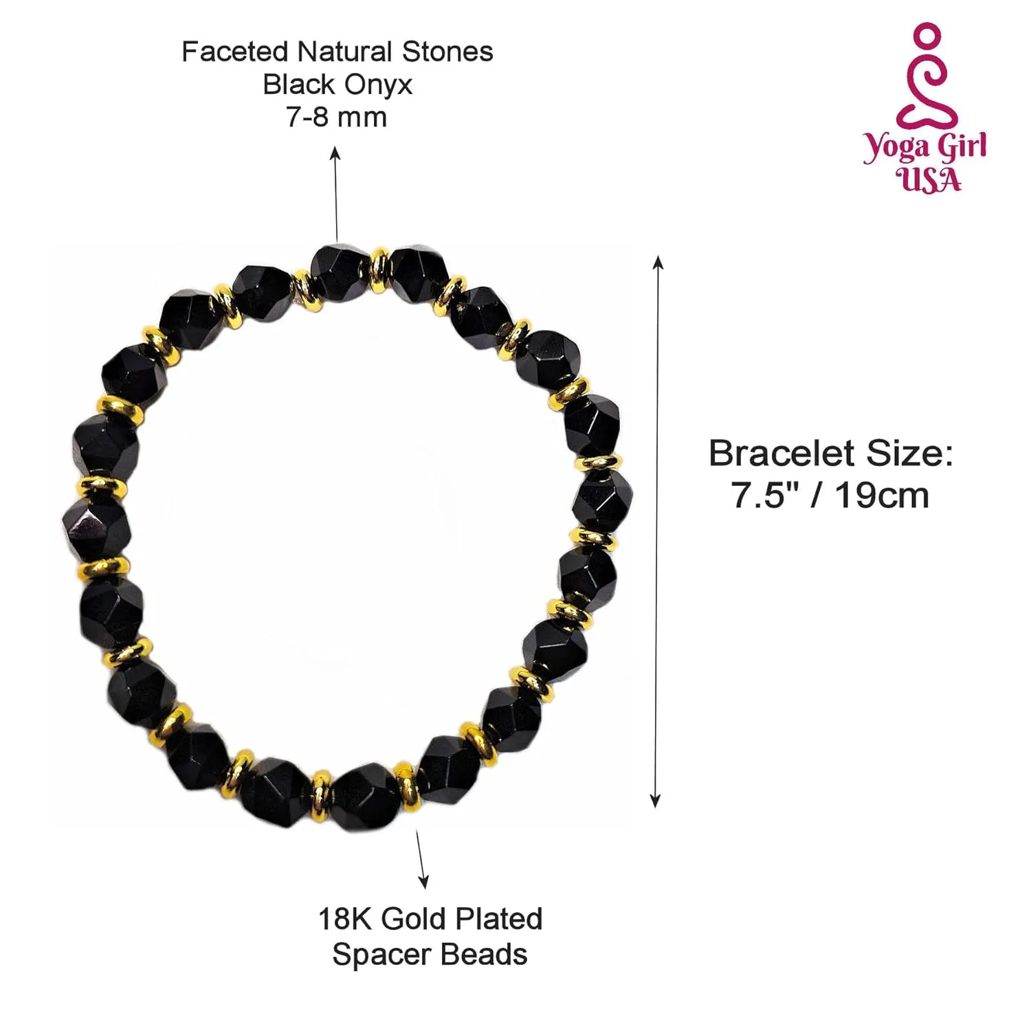 Protective Bracelet Faceted Black Onyx Bracelet Real Semi Precious Gemstones 8mm Faceted Beads 18K Gold Plated Accents Root Chakra Bracelet EXCLUSIVE YOGA GIRL USA HANDMADE (onyx)