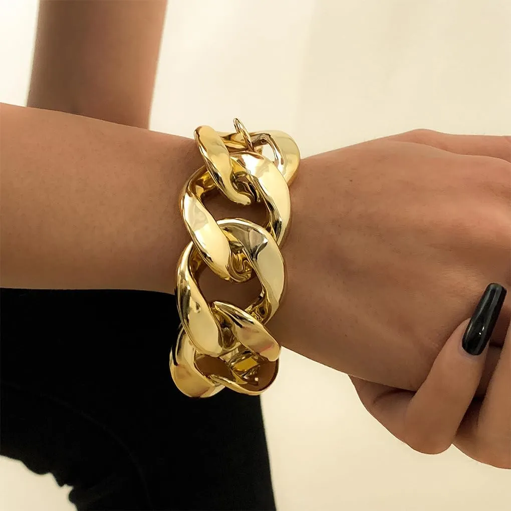 Punk Chunky Gold Cuban Chain Bracelet for Women Dainty Hollow Silver Link Chain Bangle Hip Hop Adjustable Minimalism Plastic Bracelet Jewelry Gifts