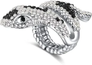 Punk Crystal Snake Adjustable Statement Cocktail Ring for Women Retro Rhinestone Serpent Elastic Stretch Ring