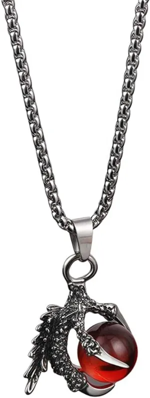 Punk Style Dragon Claw Necklace Vintage Stainless Steel Dragon Claw Pendant Necklace Gothic Black Blue Red Crystal Ball Charm Necklace Dark Fantasy Punk Jewelry for Men Women Halloween Goth Accessory