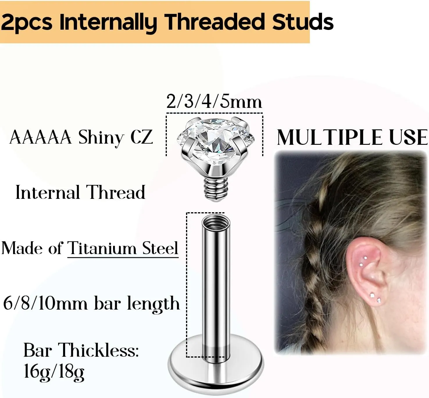 PunkTracker Titanium Steel 16g/18g Internal Thread CZ Stud Piercing Jewelry for Tragus/Nose/Helix/Conch/Medusa/Lip/Daith/Labret - Helix Tragus Cartilage Earring for Women Men 2PCS
