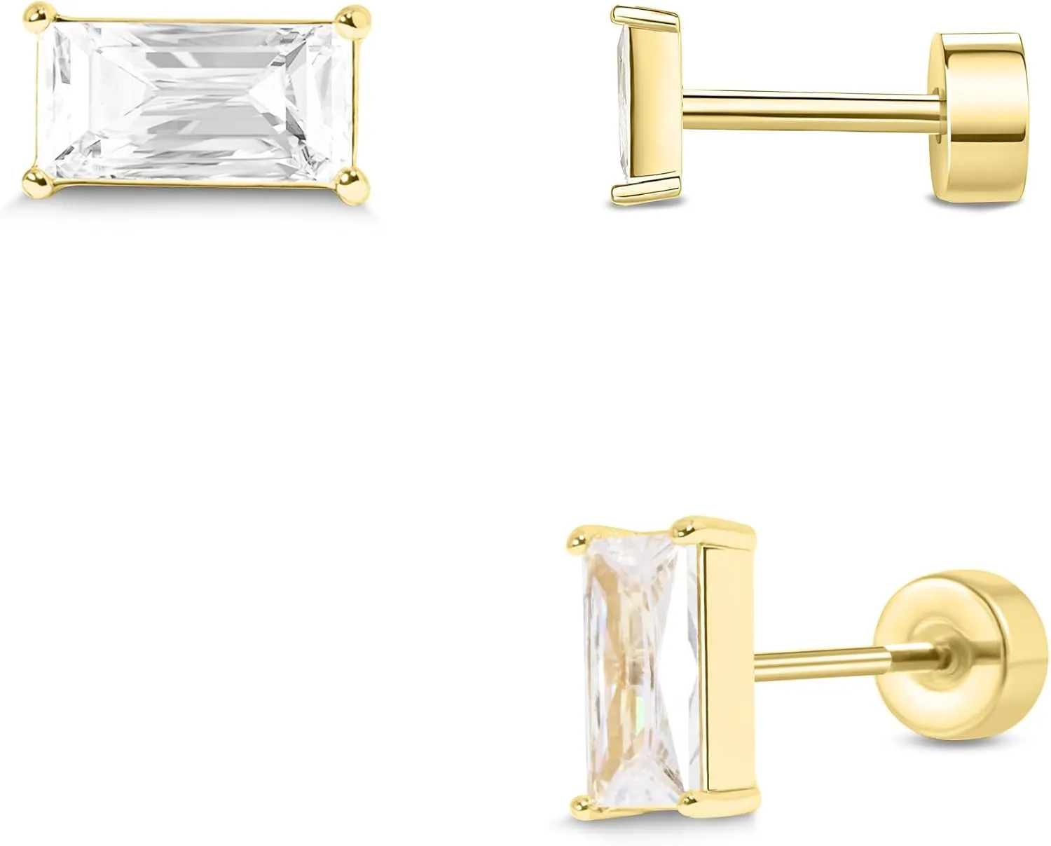 Push-in Flat Back Earrings, Hypoallergenic 14K Gold Plated Princess Cut Cubic Zirconia Stud Earrings Square CZ Studs | Cartilage Earring | Tragus Helix Piercing Jewelry | Threadless Push in Flatback Nap Earrings for Women Men