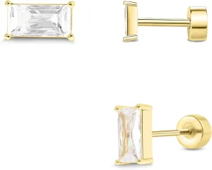 Push-in Flat Back Earrings, Hypoallergenic 14K Gold Plated Princess Cut Cubic Zirconia Stud Earrings Square CZ Studs | Cartilage Earring | Tragus Helix Piercing Jewelry | Threadless Push in Flatback Nap Earrings for Women Men