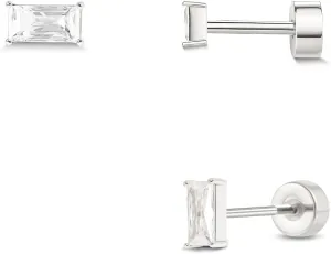 Push-in Flat Back Earrings, Hypoallergenic 14K Gold Plated Princess Cut Cubic Zirconia Stud Earrings Square CZ Studs | Cartilage Earring | Tragus Helix Piercing Jewelry | Threadless Push in Flatback Nap Earrings for Women Men