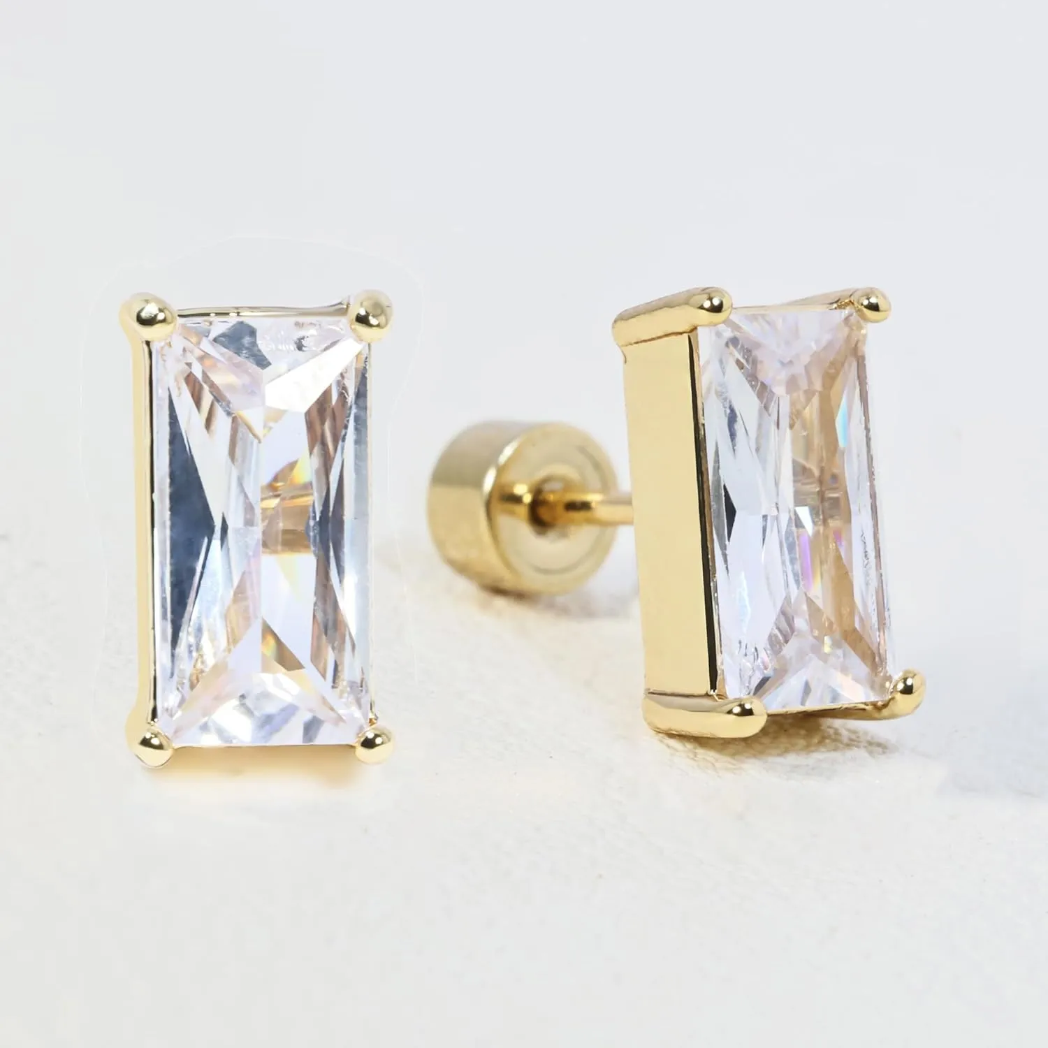 Push-in Flat Back Earrings, Hypoallergenic 14K Gold Plated Princess Cut Cubic Zirconia Stud Earrings Square CZ Studs | Cartilage Earring | Tragus Helix Piercing Jewelry | Threadless Push in Flatback Nap Earrings for Women Men