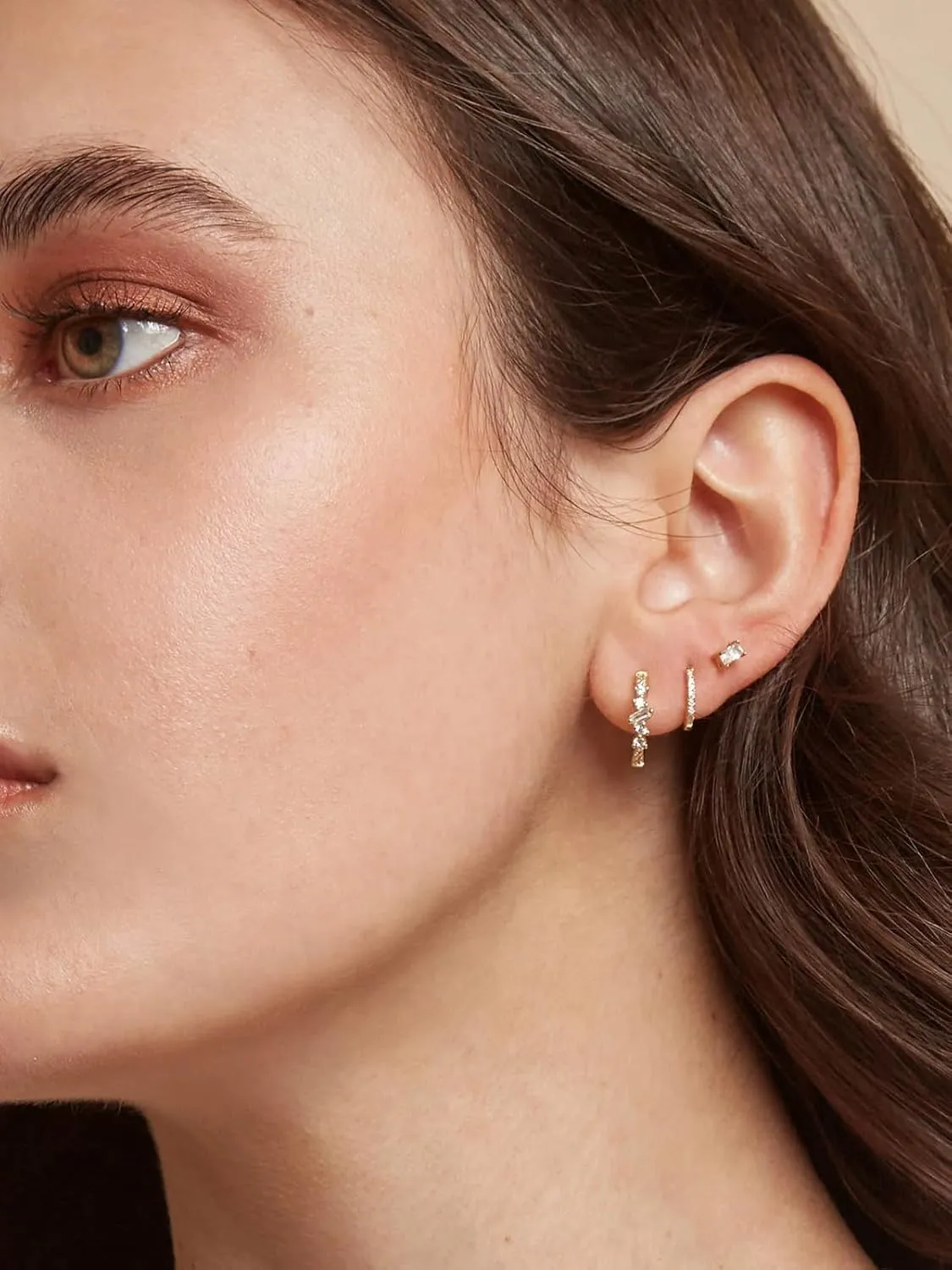 Push-in Flat Back Earrings, Hypoallergenic 14K Gold Plated Princess Cut Cubic Zirconia Stud Earrings Square CZ Studs | Cartilage Earring | Tragus Helix Piercing Jewelry | Threadless Push in Flatback Nap Earrings for Women Men