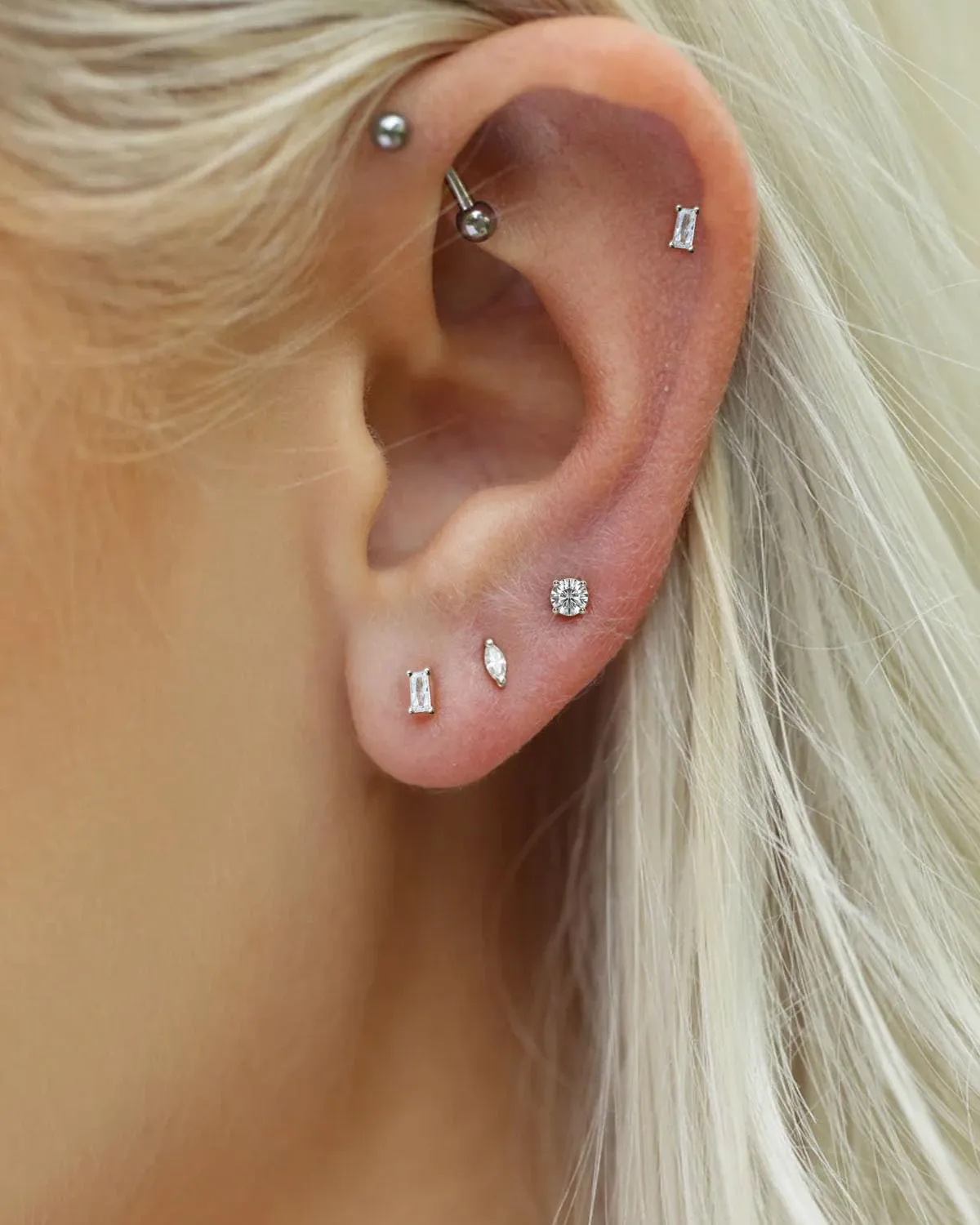 Push-in Flat Back Earrings, Hypoallergenic 14K Gold Plated Princess Cut Cubic Zirconia Stud Earrings Square CZ Studs | Cartilage Earring | Tragus Helix Piercing Jewelry | Threadless Push in Flatback Nap Earrings for Women Men