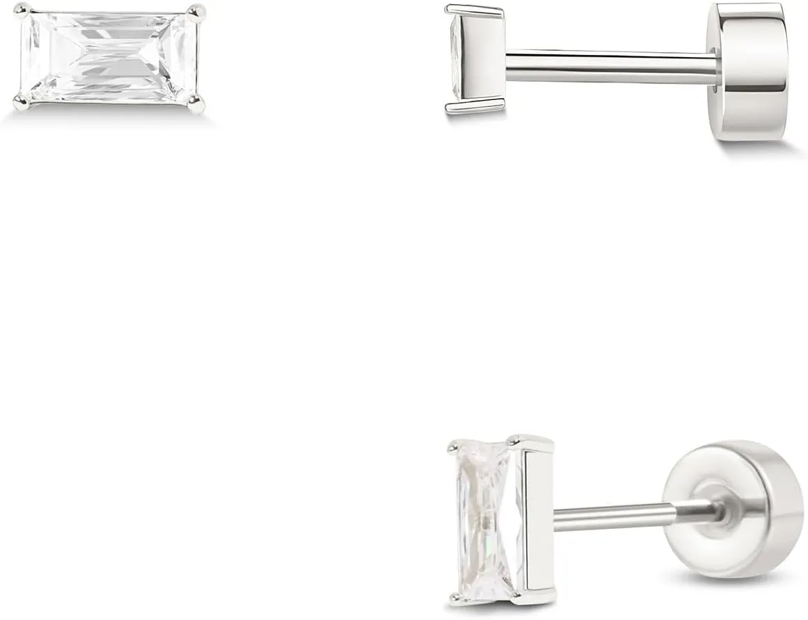 Push-in Flat Back Earrings, Hypoallergenic 14K Gold Plated Princess Cut Cubic Zirconia Stud Earrings Square CZ Studs | Cartilage Earring | Tragus Helix Piercing Jewelry | Threadless Push in Flatback Nap Earrings for Women Men