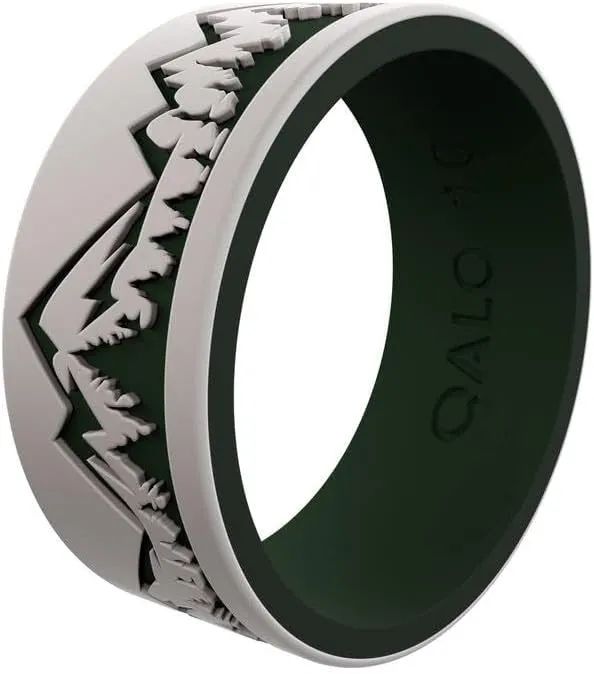 QALO Men's Rubber Silicone Ring, Frost & Forest Ridgeline Strata, Silicone Rubber Wedding Band, Breathable, Durable Wedding Ring for Men, 9mm Wide 1.85mm Thick, Multi Sizes