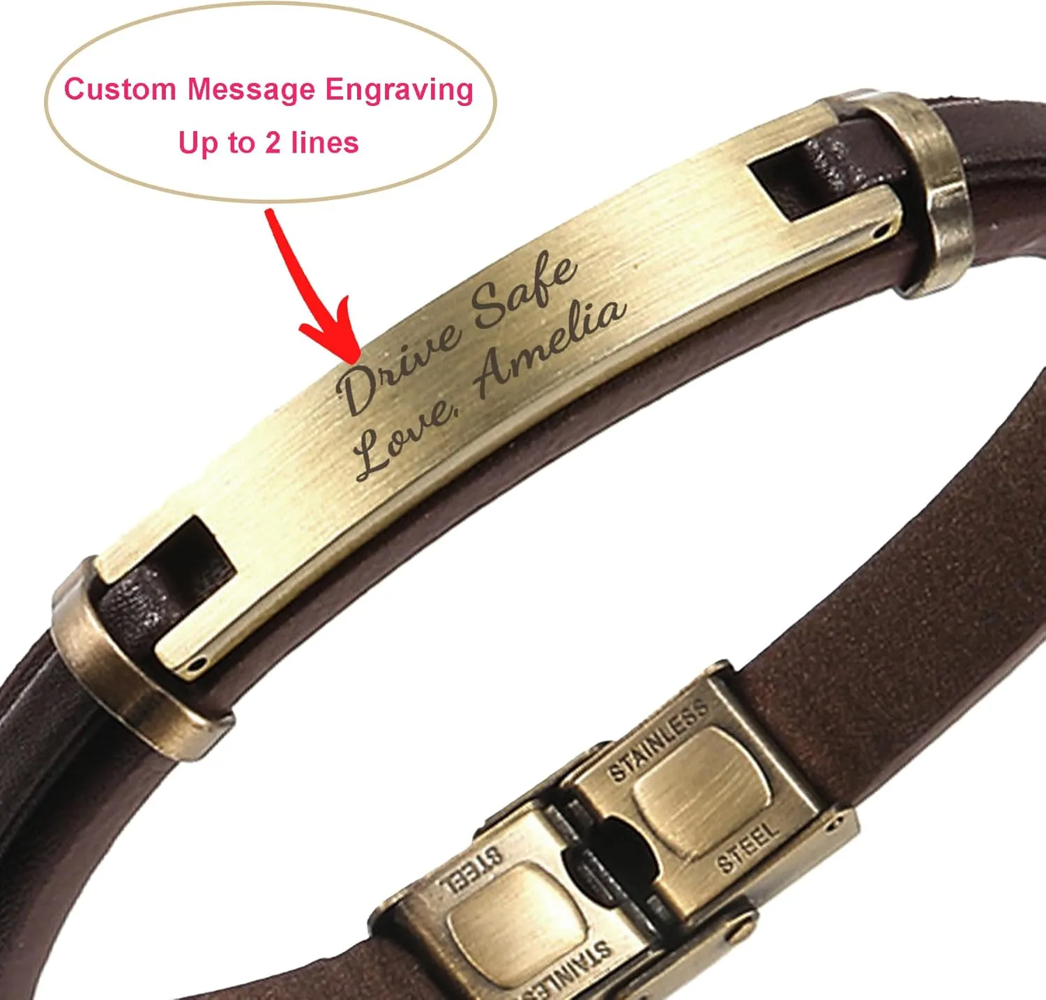 Qina C. Personalized Custom Mens Leather Bracelet Engraved Text Stainless Steel Wristband Gift f/Boyfriend Dad Husband