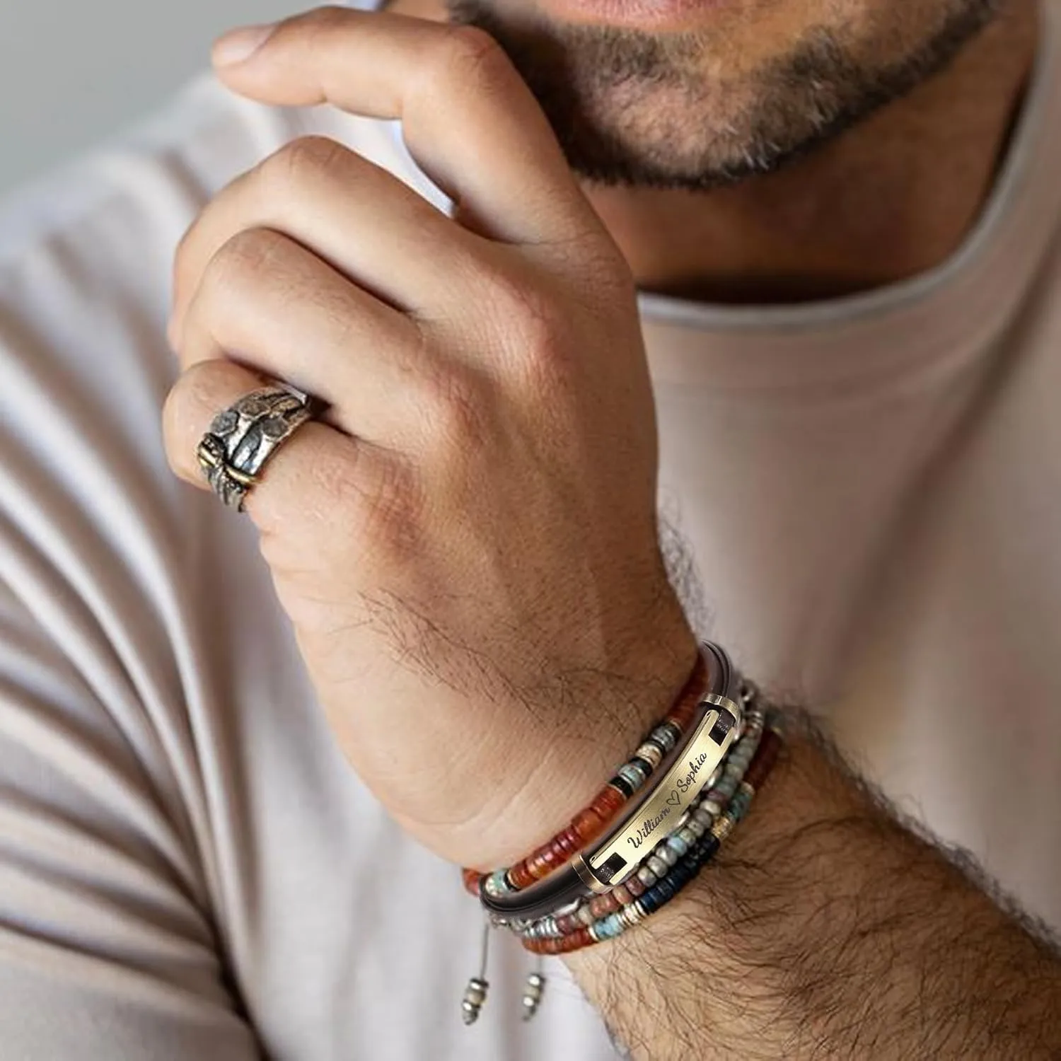 Qina C. Personalized Custom Mens Leather Bracelet Engraved Text Stainless Steel Wristband Gift f/Boyfriend Dad Husband