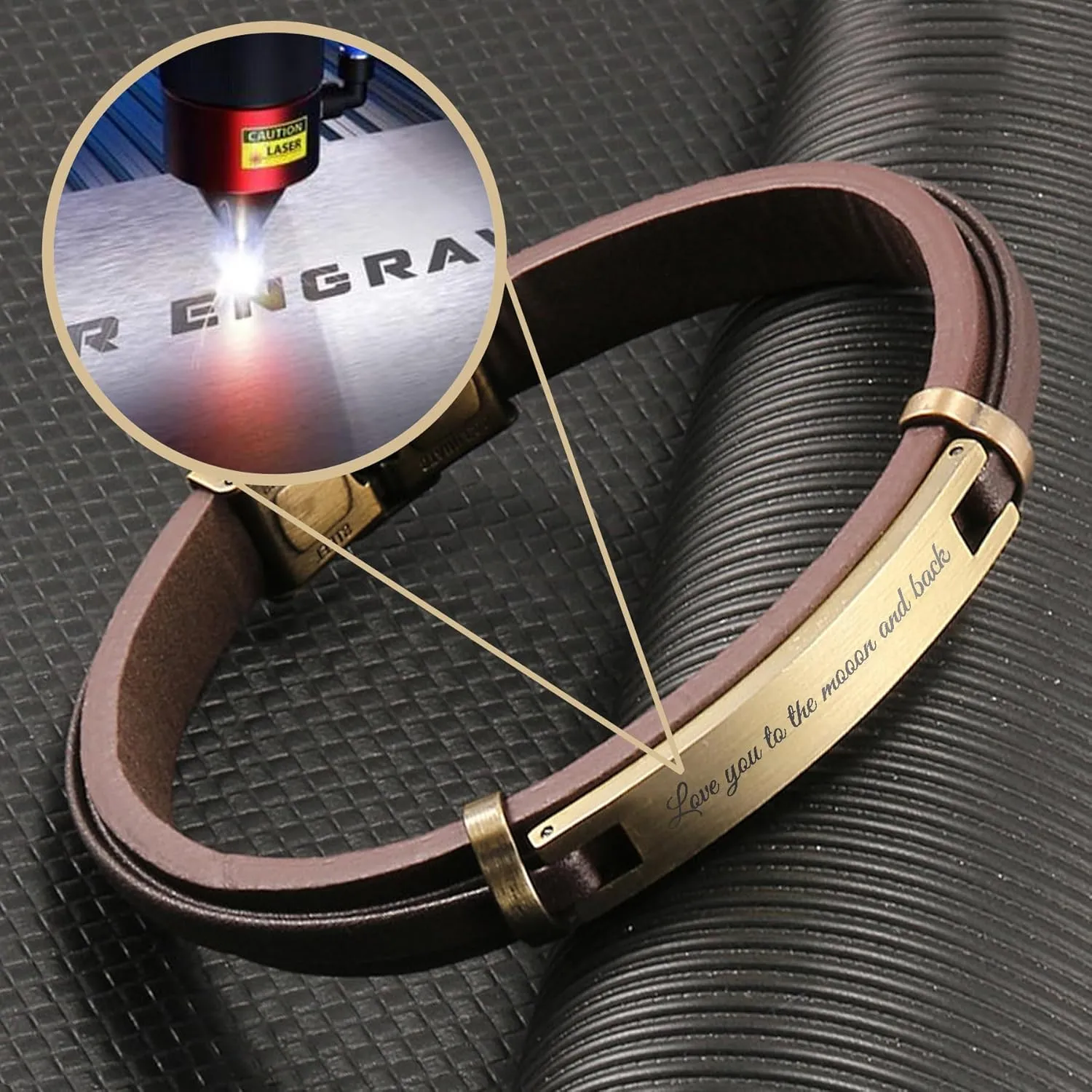 Qina C. Personalized Custom Mens Leather Bracelet Engraved Text Stainless Steel Wristband Gift f/Boyfriend Dad Husband