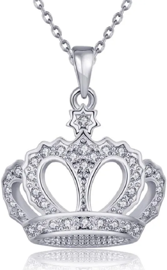 Queen Crown Jewelry Rose Gold Platinum 18K Yellow Gold Plated Round Cubic Zirconia Crown Pendant Necklace for Women with 18" Chain (Platinum)