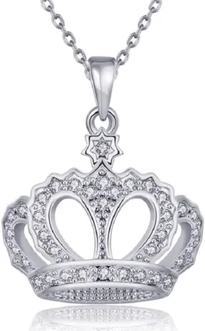 Queen Crown Jewelry Rose Gold Platinum 18K Yellow Gold Plated Round Cubic Zirconia Crown Pendant Necklace for Women with 18" Chain (Platinum)