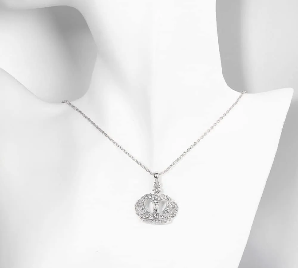 Queen Crown Jewelry Rose Gold Platinum 18K Yellow Gold Plated Round Cubic Zirconia Crown Pendant Necklace for Women with 18" Chain (Platinum)