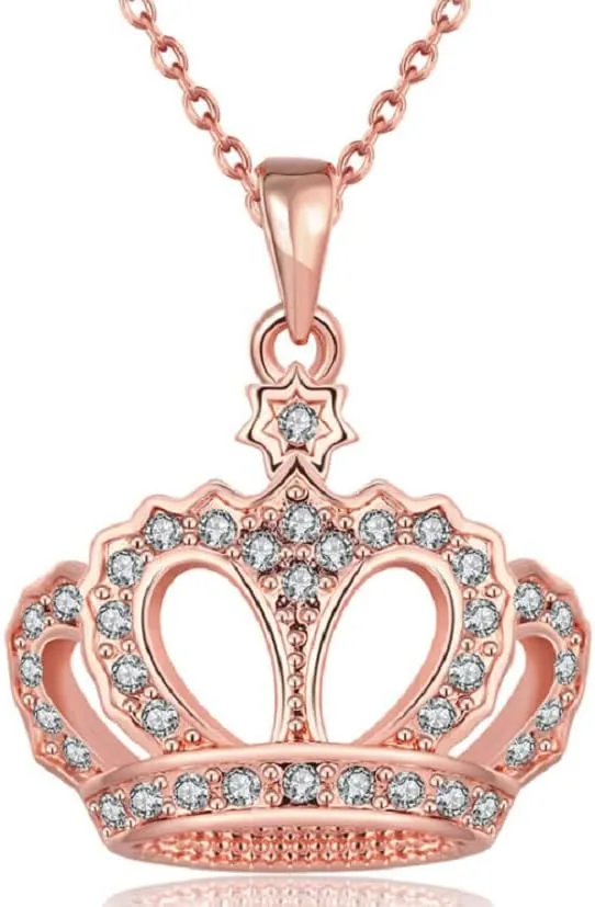 Queen Crown Jewelry Rose Gold Platinum 18K Yellow Gold Plated Round Cubic Zirconia Crown Pendant Necklace for Women with 18" Chain (Rose Gold)