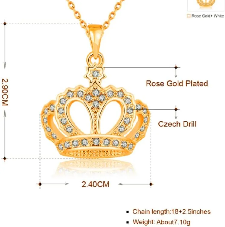 Queen Crown Jewelry Rose Gold Platinum 18K Yellow Gold Plated Round Cubic Zirconia Crown Pendant Necklace for Women with 18" Chain (Rose Gold)