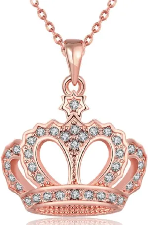 Queen Crown Jewelry Rose Gold Platinum 18K Yellow Gold Plated Round Cubic Zirconia Crown Pendant Necklace for Women with 18" Chain (Rose Gold)