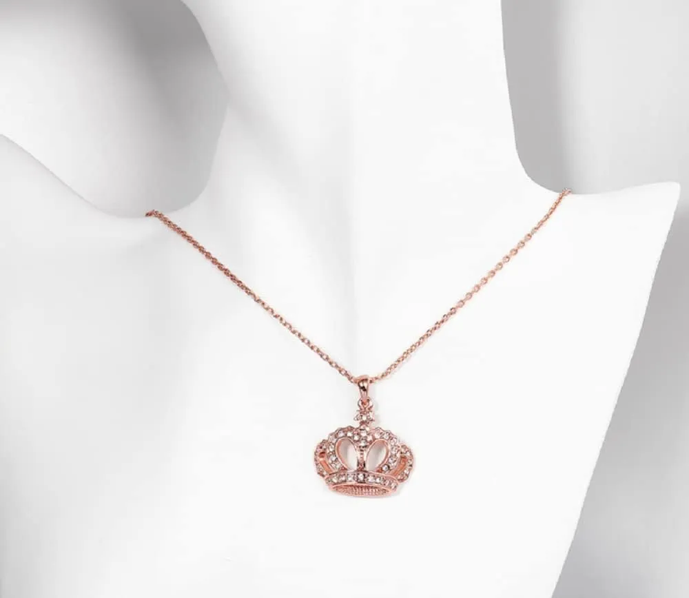 Queen Crown Jewelry Rose Gold Platinum 18K Yellow Gold Plated Round Cubic Zirconia Crown Pendant Necklace for Women with 18" Chain (Rose Gold)