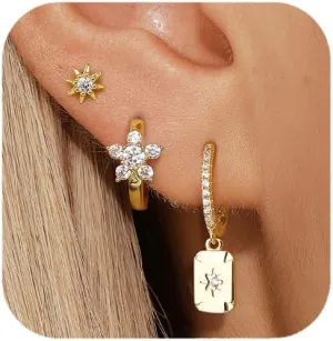Quinby 3 Pairs Sun Earrings For Women Dangle,14k Gold Plated Dangle Earrings For Women,Hypoallergenic,Nickel-Free Celestial Jewelry For Everyday,Special Occasions