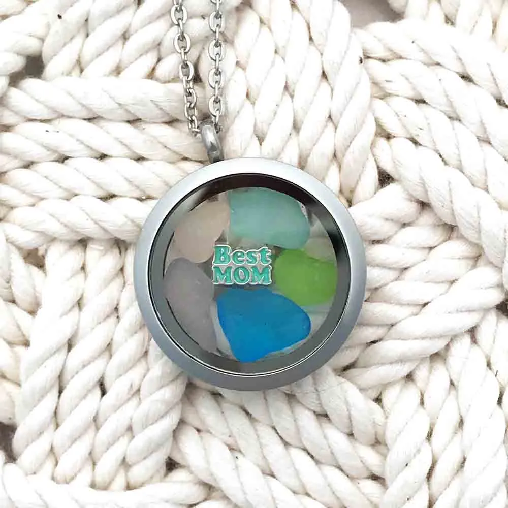 Rainbow Pastel with Bright Turquoise "Best Mom" Sea Glass Locket | #1569