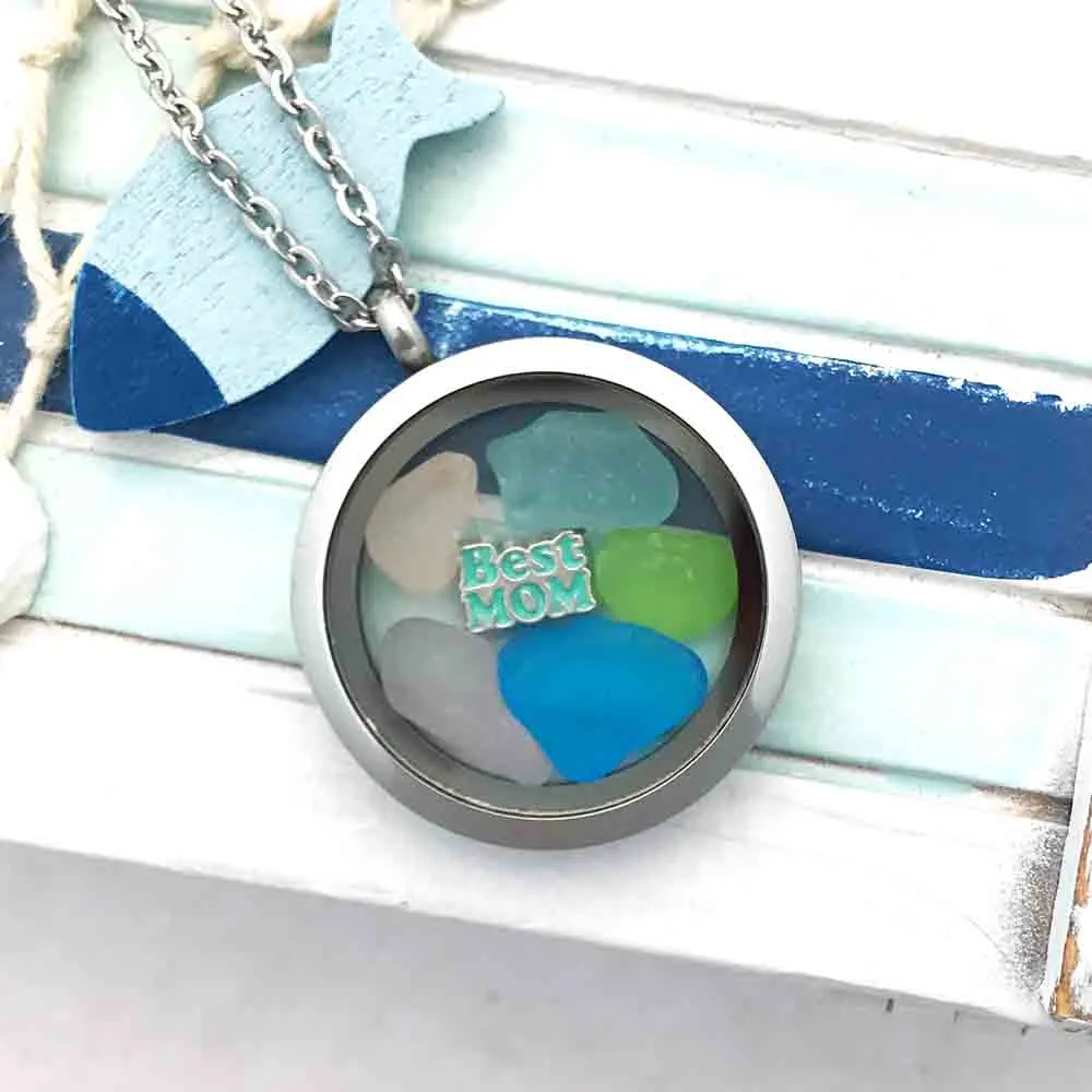 Rainbow Pastel with Bright Turquoise "Best Mom" Sea Glass Locket | #1569