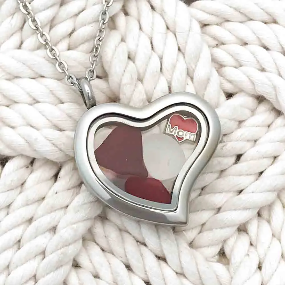 Rare Bright and Deep Red "I Love Mom" Sea Glass Locket | #1570