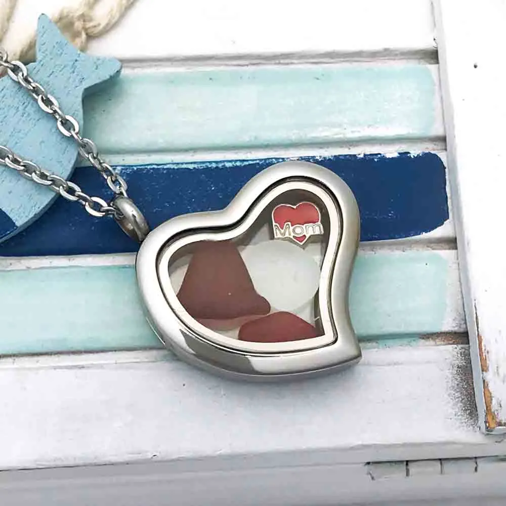 Rare Bright and Deep Red "I Love Mom" Sea Glass Locket | #1570
