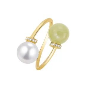 Real Natural Hetian Jade Rings for Women Girl, Handmade Crystal Pearl Green Jade Rings Jewelry for Friends, Lover (925 Sterling Silver with Real Gold Plated)