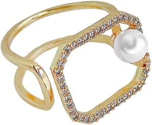 Rectangle Open Band Ring for Women Girls Gold Plated CZ Faux Pearls Layer Geometrical Statement Adjustable Expandable Finger Rings Comfort Fit Wedding Jewelry