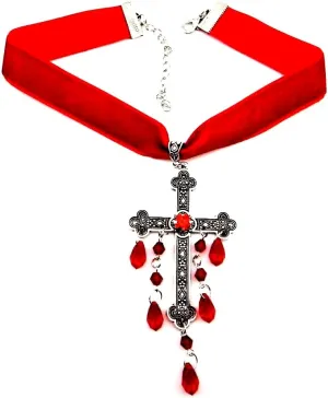 Red Drippy Gothic Cross Pendant on Velvet Choker large medieval beaded crux on 13-16" necklace