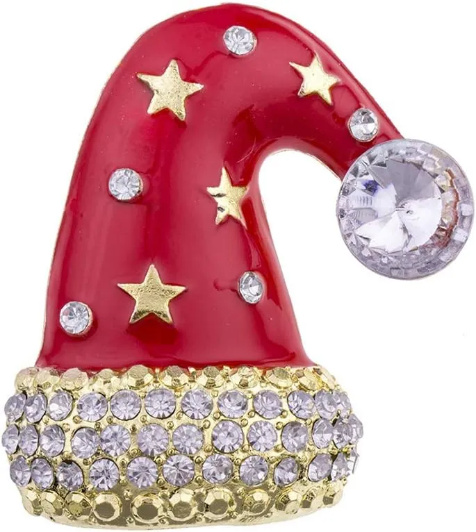 Red Imitation Rhinestone Christmas Hat Brooch Alloy Jewelry Xmas Gift Unisex Pin Clips Suit Sweater Scarf Shawl Buckle Button Ornaments Durable and Useful