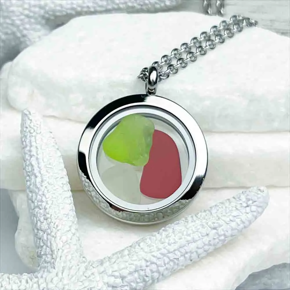Red, Lime, and Clear Sea Glass Porthole Locket  | # 1896