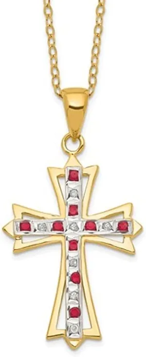 Red Ruby Cross Pendant Necklace in Sterling Silver and 14K Yellow Gold Plating