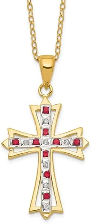 Red Ruby Cross Pendant Necklace in Sterling Silver and 14K Yellow Gold Plating