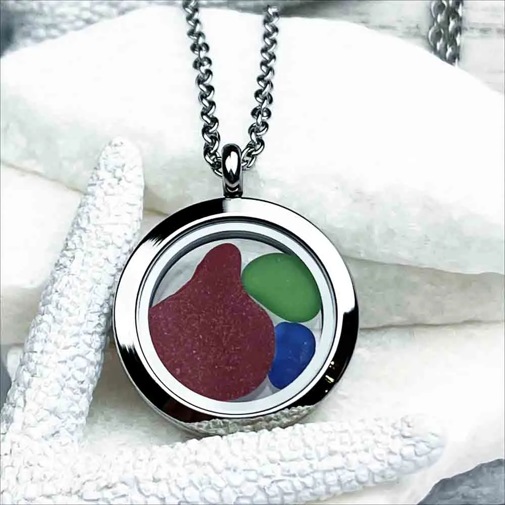 Red with Lime Green and Cobalt Blue Sea Glass Porthole Locket  | # 1889