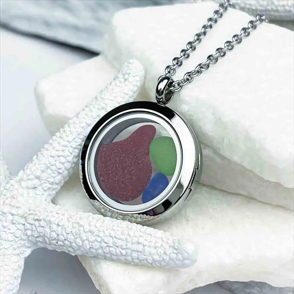 Red with Lime Green and Cobalt Blue Sea Glass Porthole Locket  | # 1889