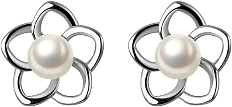 Reffeer 925 Sterling Silver Small Pearl Flower Earrings Studs for Women Teens Unique Petite Flower Studs Earrings