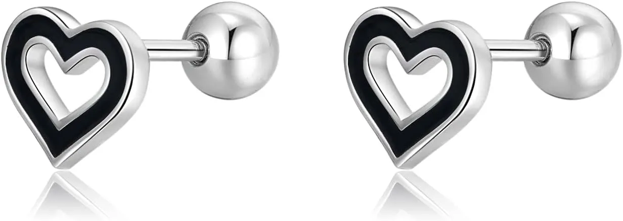 Reffeer Solid 925 Sterling Silver Black Heart Studs Earrings for Women Teens Small Love Heart Earrings Studs Helix Open Heart Earrings Cartilage Tragus Screwback Studs