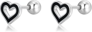 Reffeer Solid 925 Sterling Silver Black Heart Studs Earrings for Women Teens Small Love Heart Earrings Studs Helix Open Heart Earrings Cartilage Tragus Screwback Studs